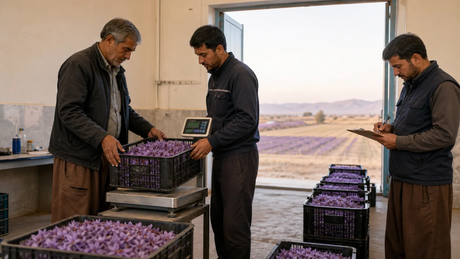 Khorasan saffron grower delivering purple flowers to a cooperative weighing centre