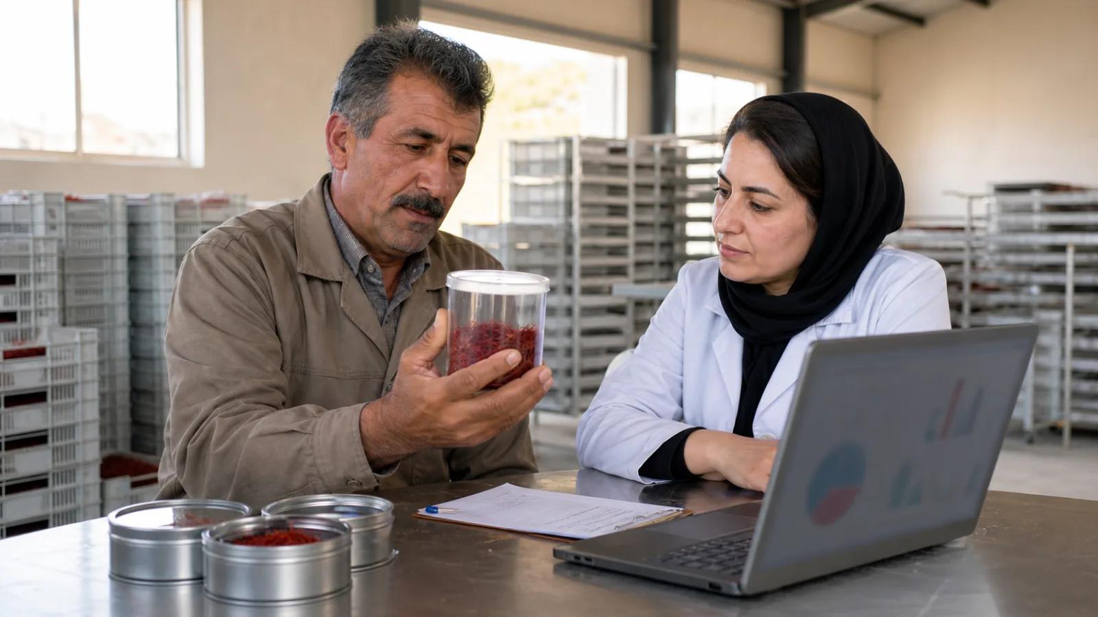 Khorasan saffron farmer and warehouse specialist reviewing a documented saffron lot