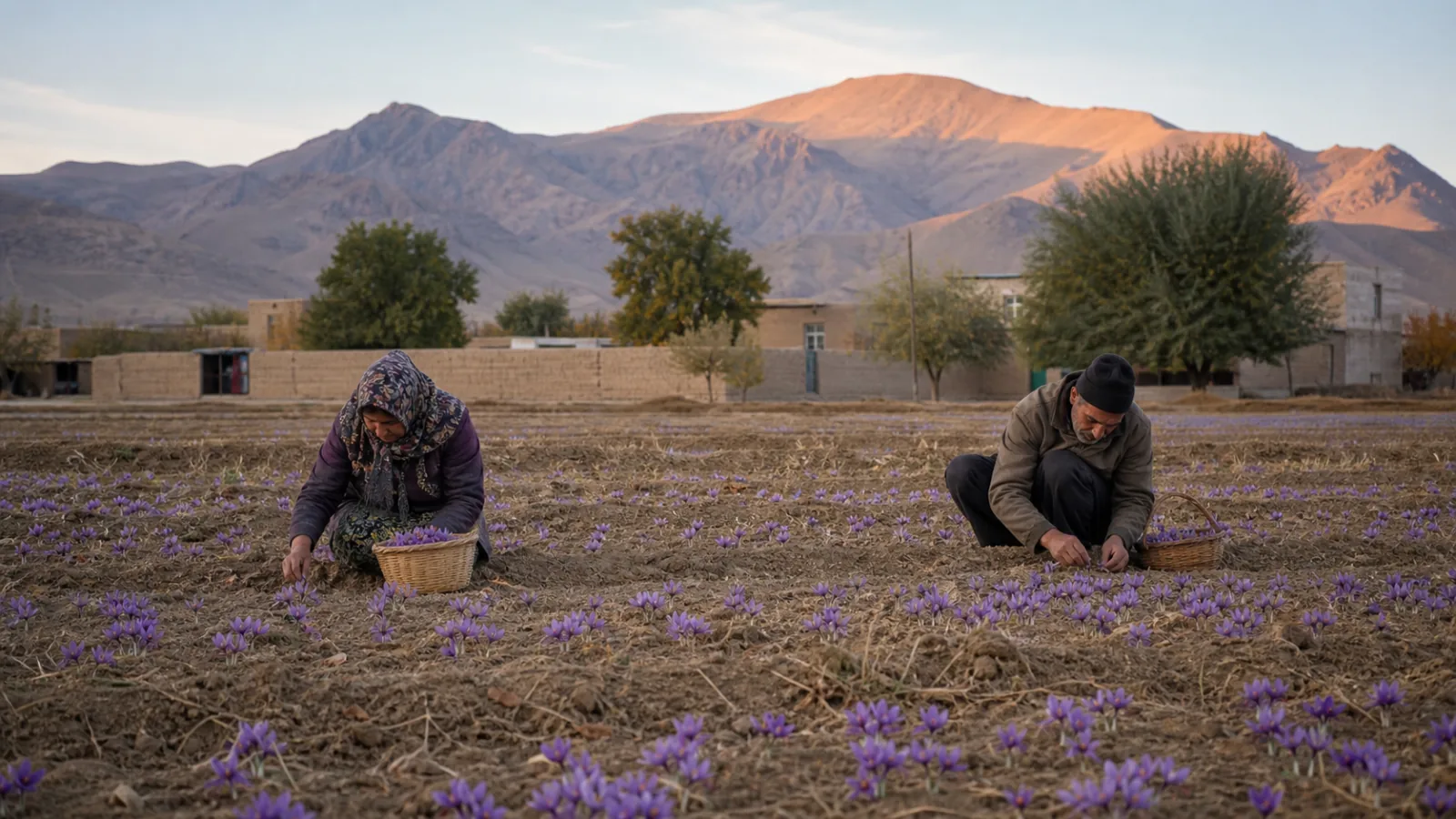 Farmers harvesting purple saffron flowers in a village field near Gonabad