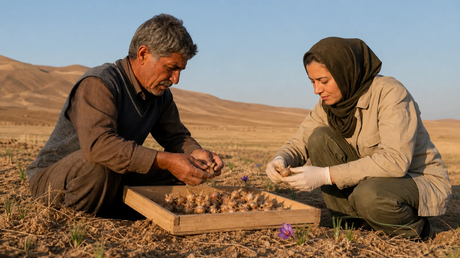 Sarayan farmer and plant-health specialist inspecting saffron corms in a field