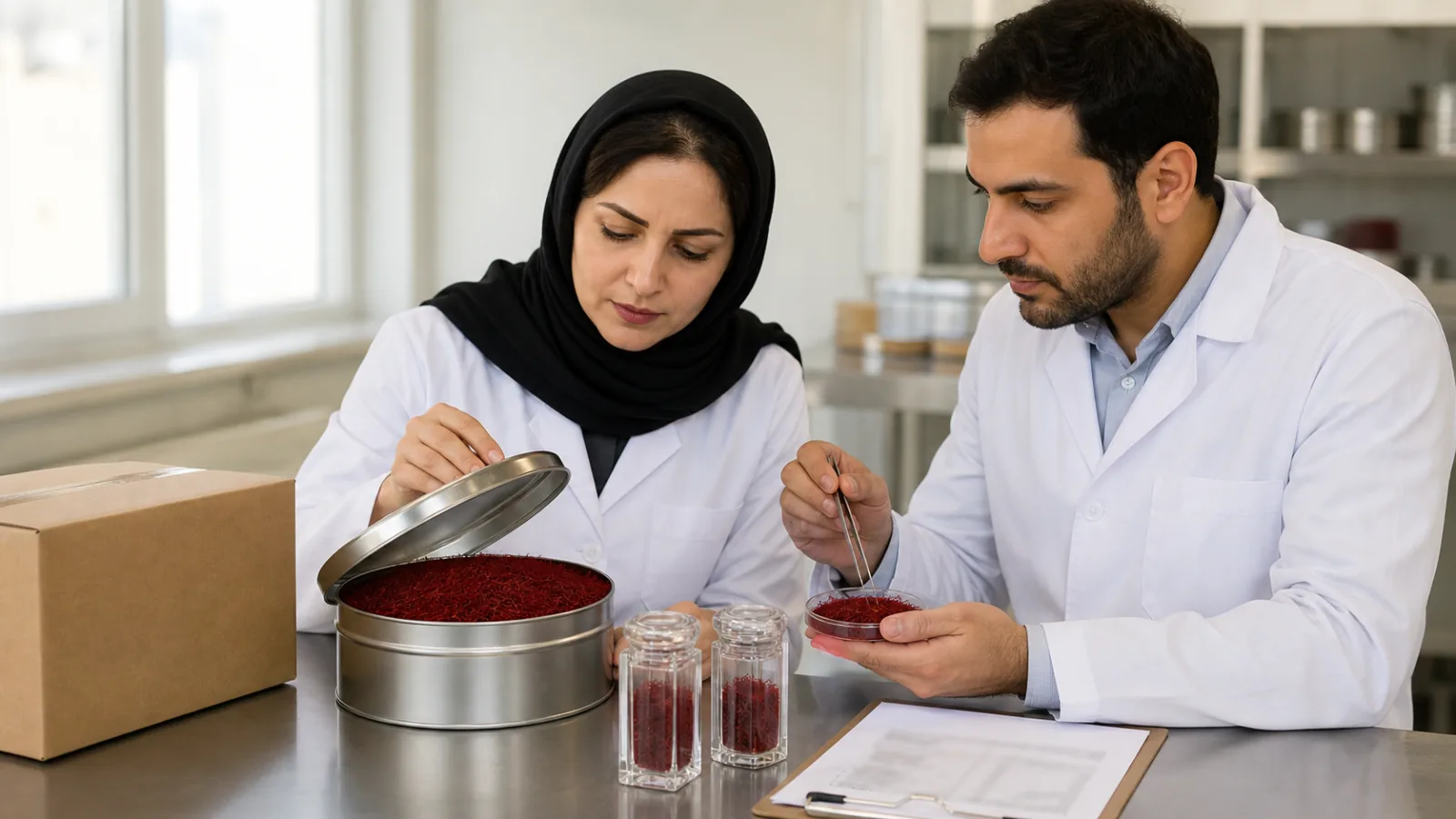 Iranian saffron export specialists comparing a bulk lot with traceable retail packs
