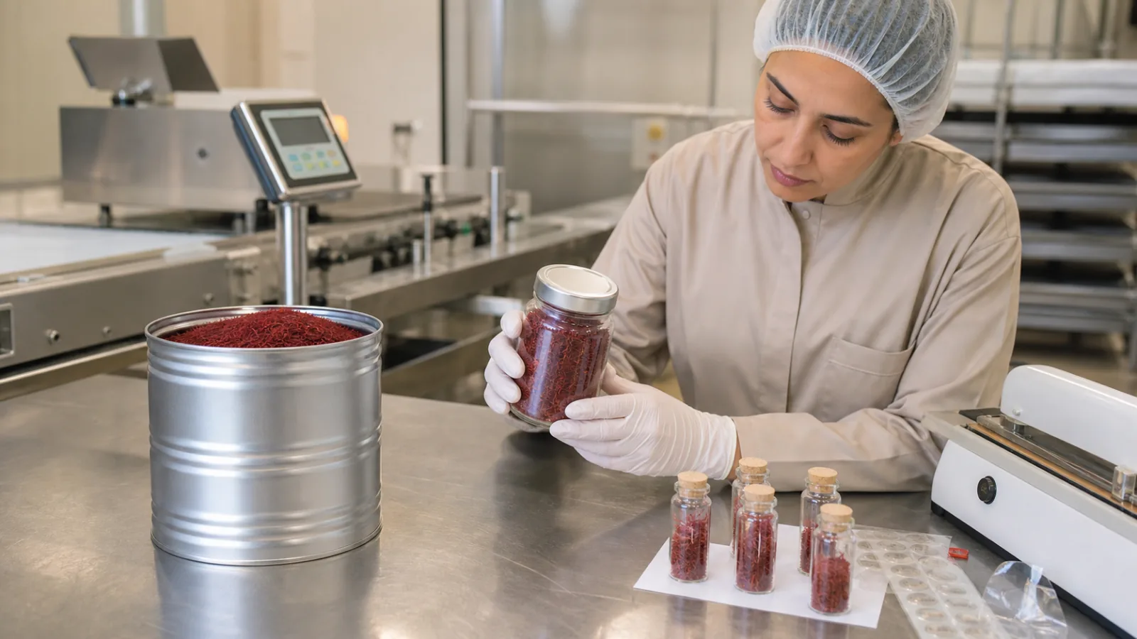 Saffron in bulk and retail-ready packages at a modern packing facility
