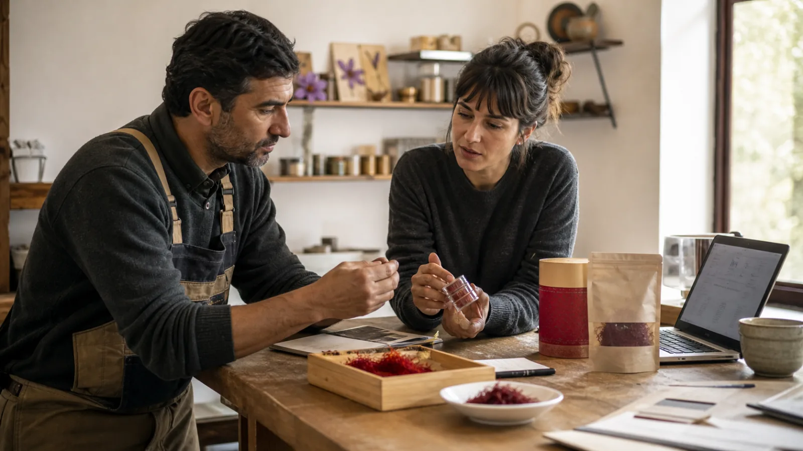 Saffron producer and product developer reviewing value-added saffron products