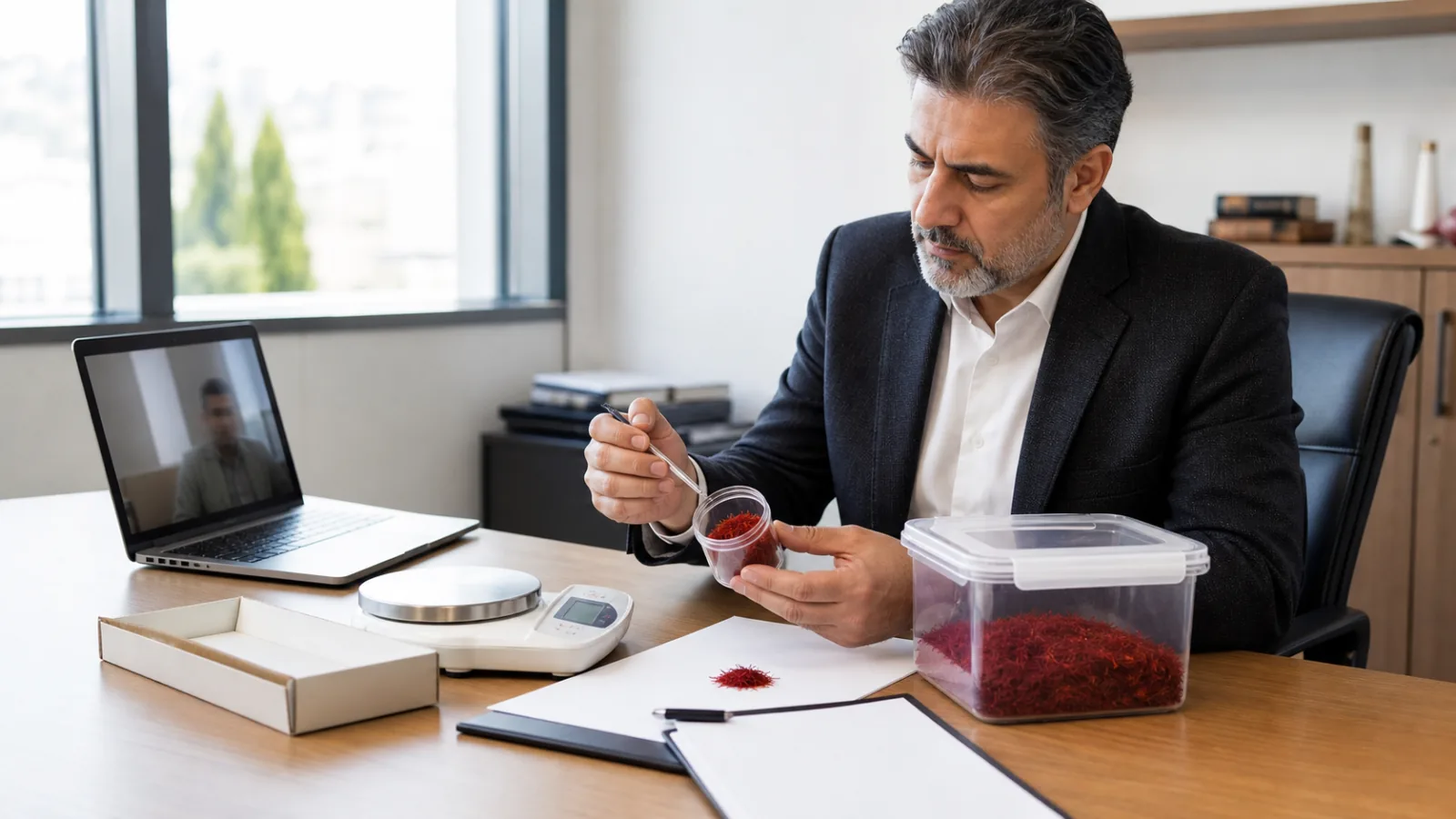 Iranian saffron exporter preparing samples and specifications for an overseas buyer