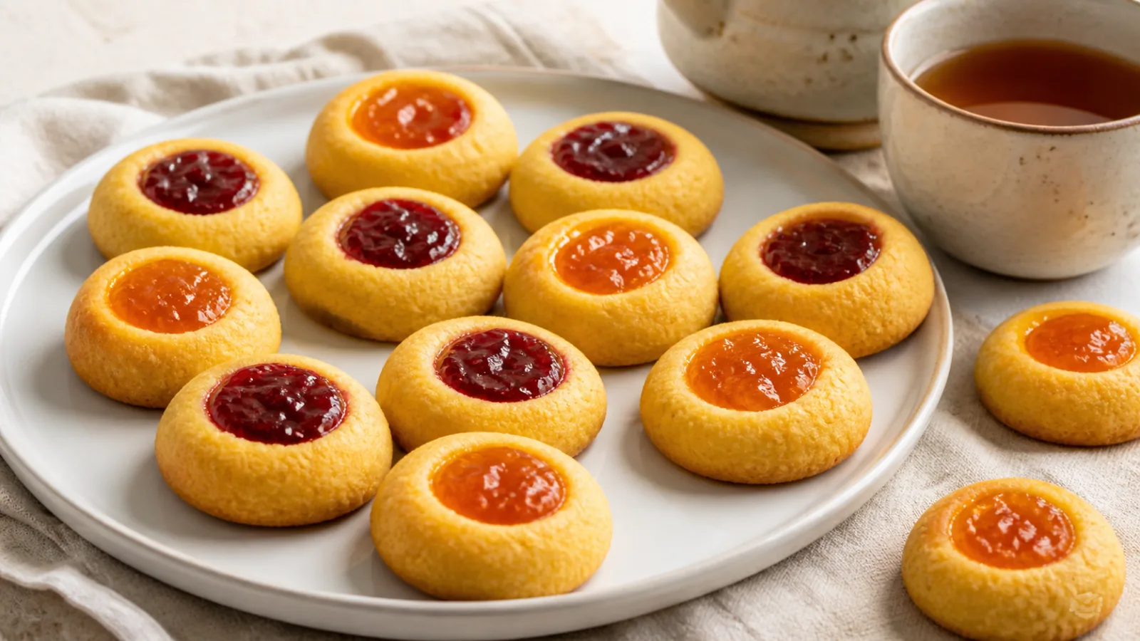 Freshly baked saffron thumbprint cookies filled with fruit marmalade