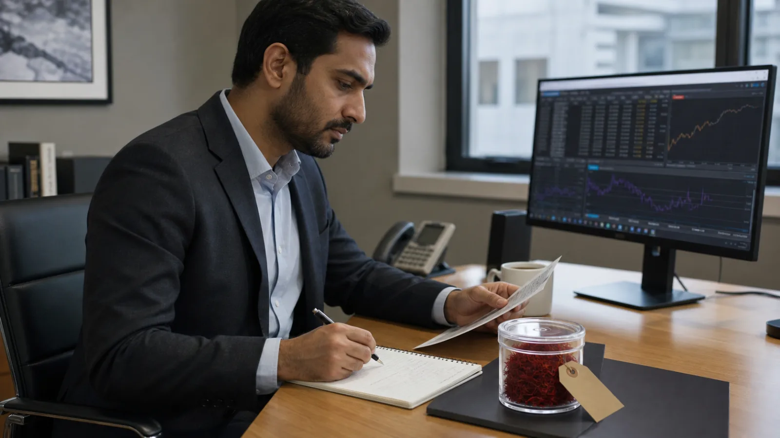 Saffron trader reviewing an options contract beside a certified lot sample