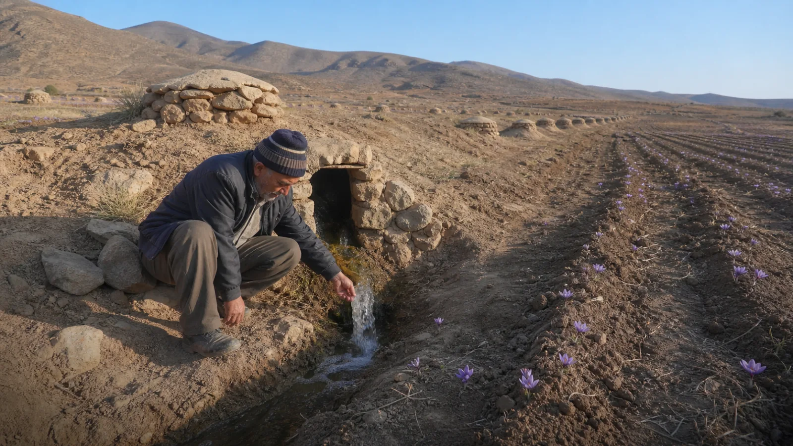 Farmer guiding qanat water into a saffron field in Gonabad