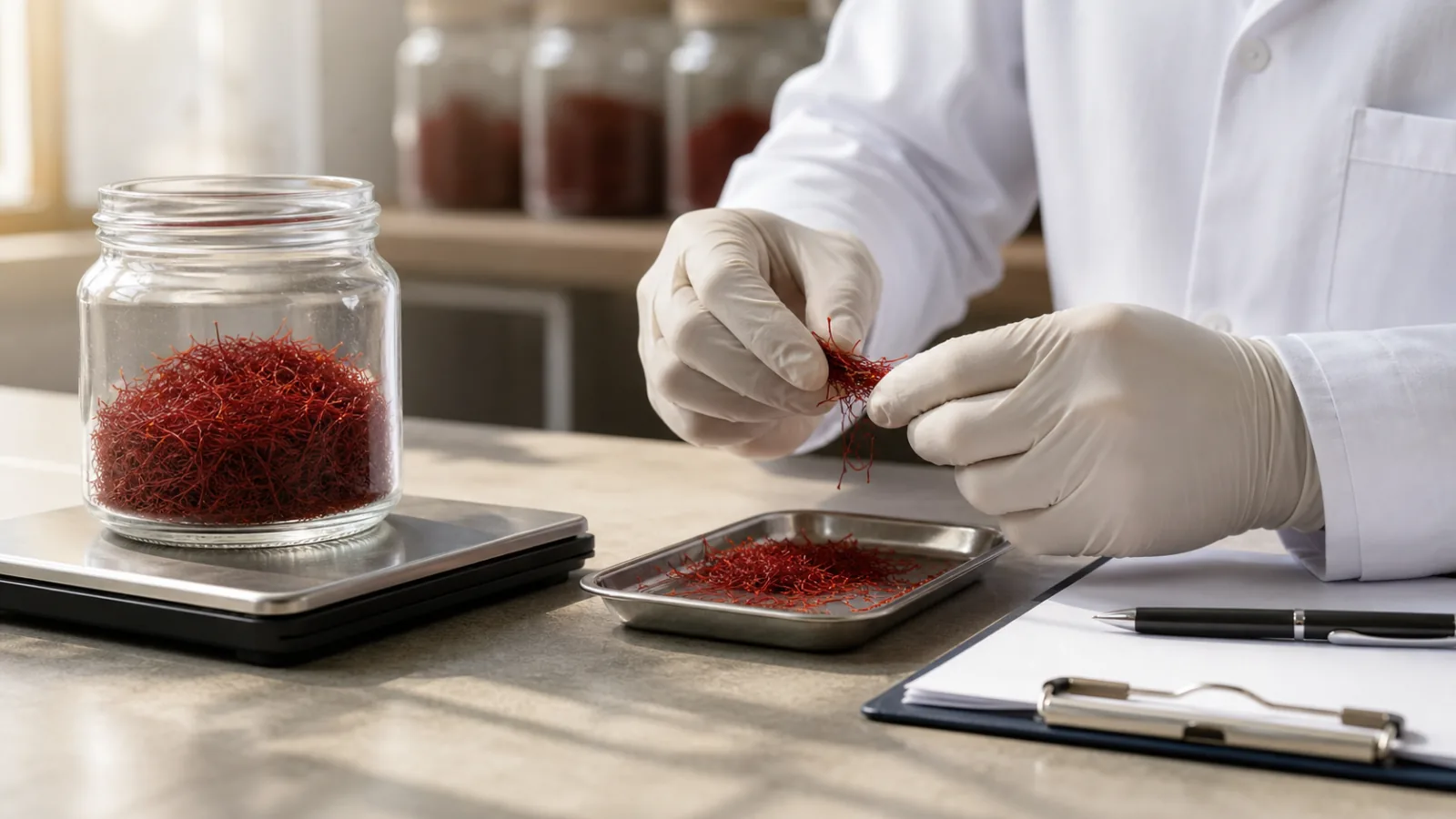 Inspector examining a saffron lot beside a precision scale