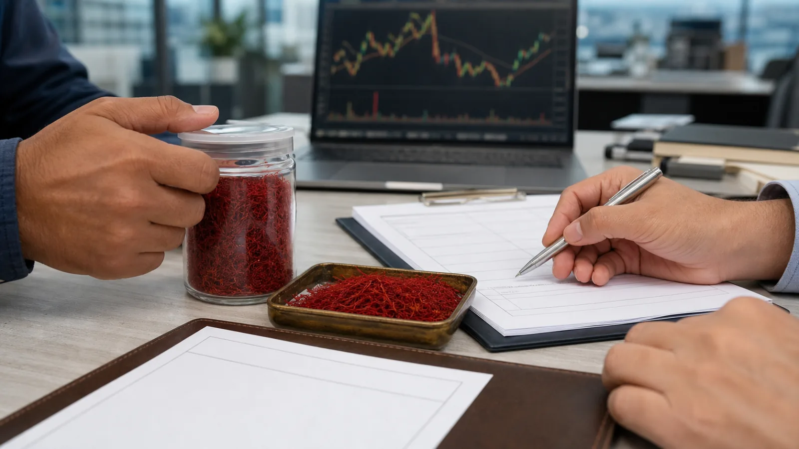 Traders reviewing a saffron lot and blank contract documents