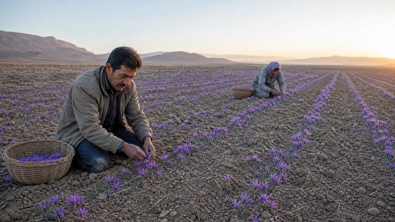 Farmers harvesting saffron flowers in a dry Khorasan field at sunrise