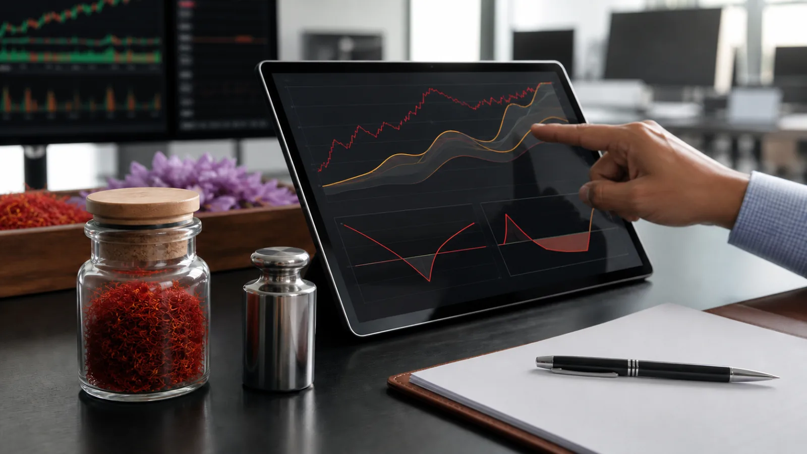 Analyst reviewing unlabeled derivatives curves beside a saffron lot