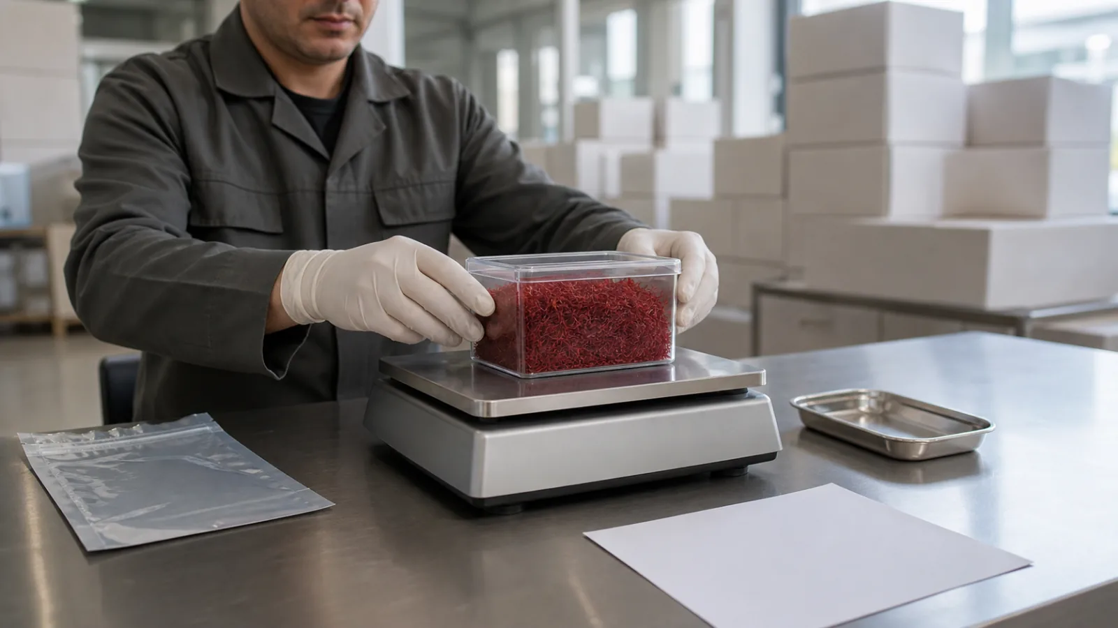Technician weighing a sealed saffron contract lot in a clean warehouse