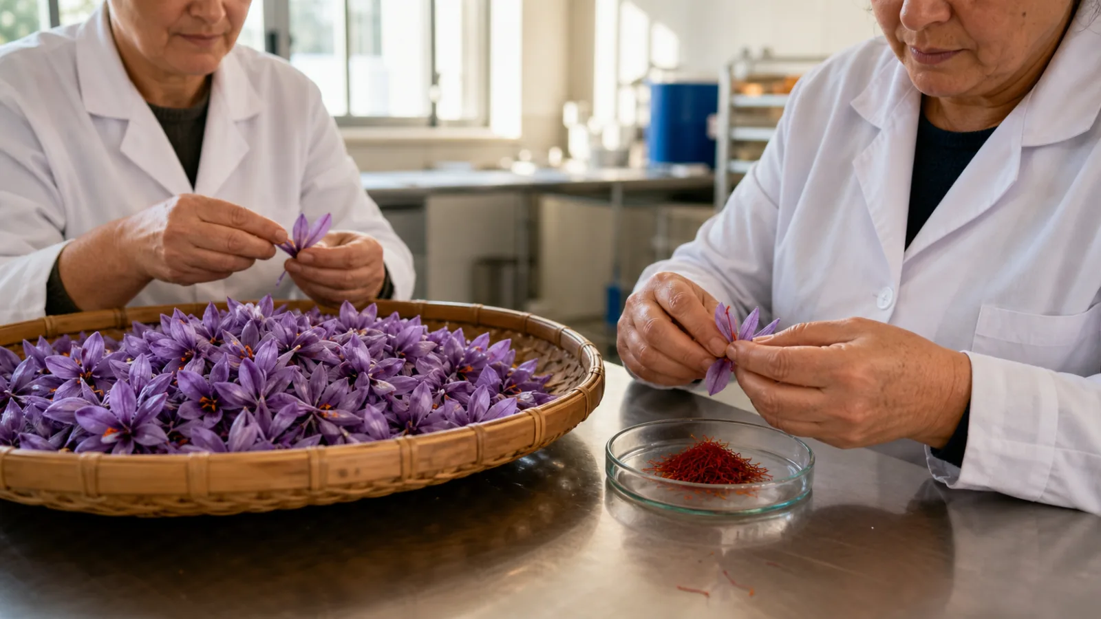 Workers separating red saffron stigmas from fresh purple flowers