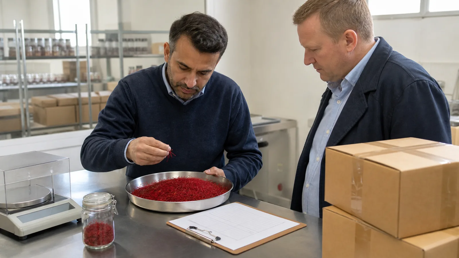 Two professionals inspecting a saffron lot for international trade
