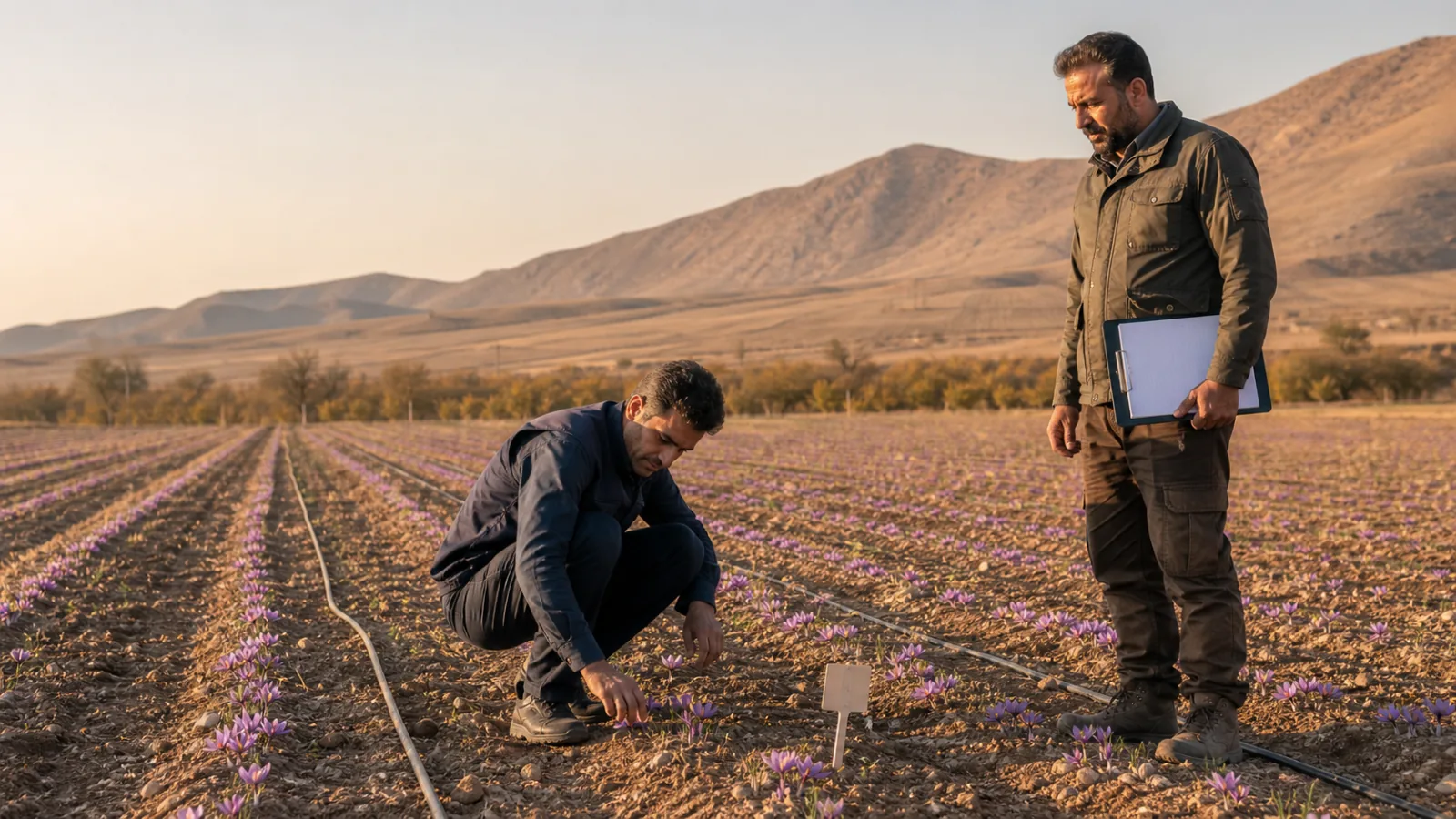 Agronomist and land steward inspecting a saffron field in Faruj