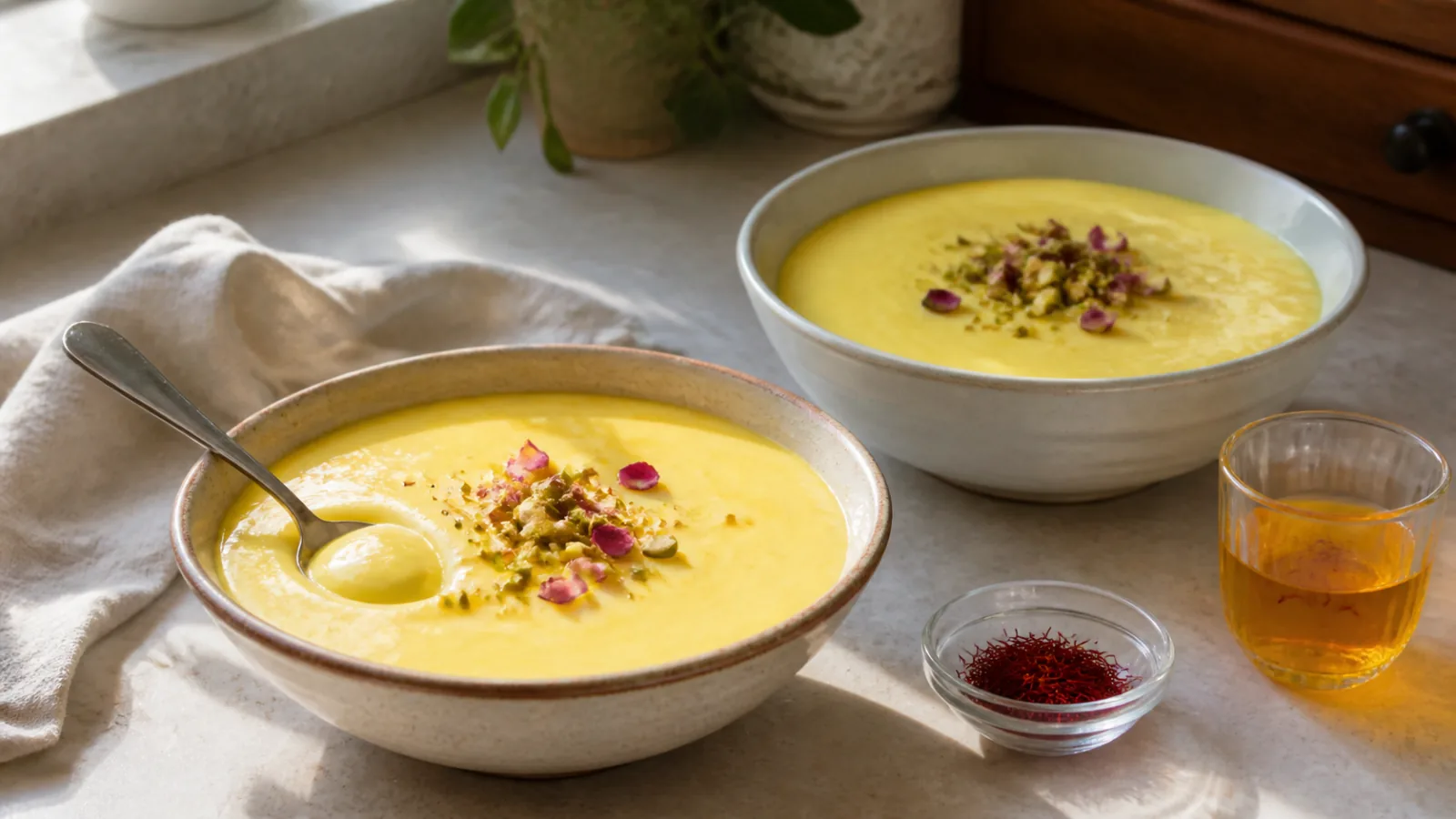 Bowls of creamy saffron porridge with pistachios and rose petals