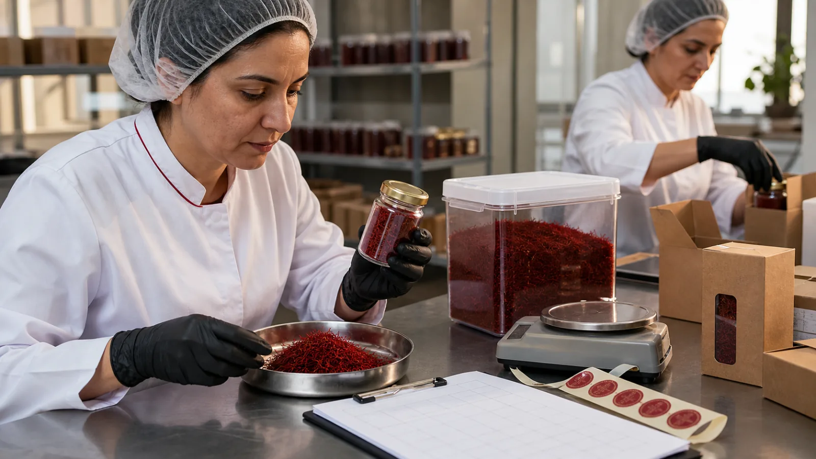 Quality workers inspecting and packaging traceable Persian saffron