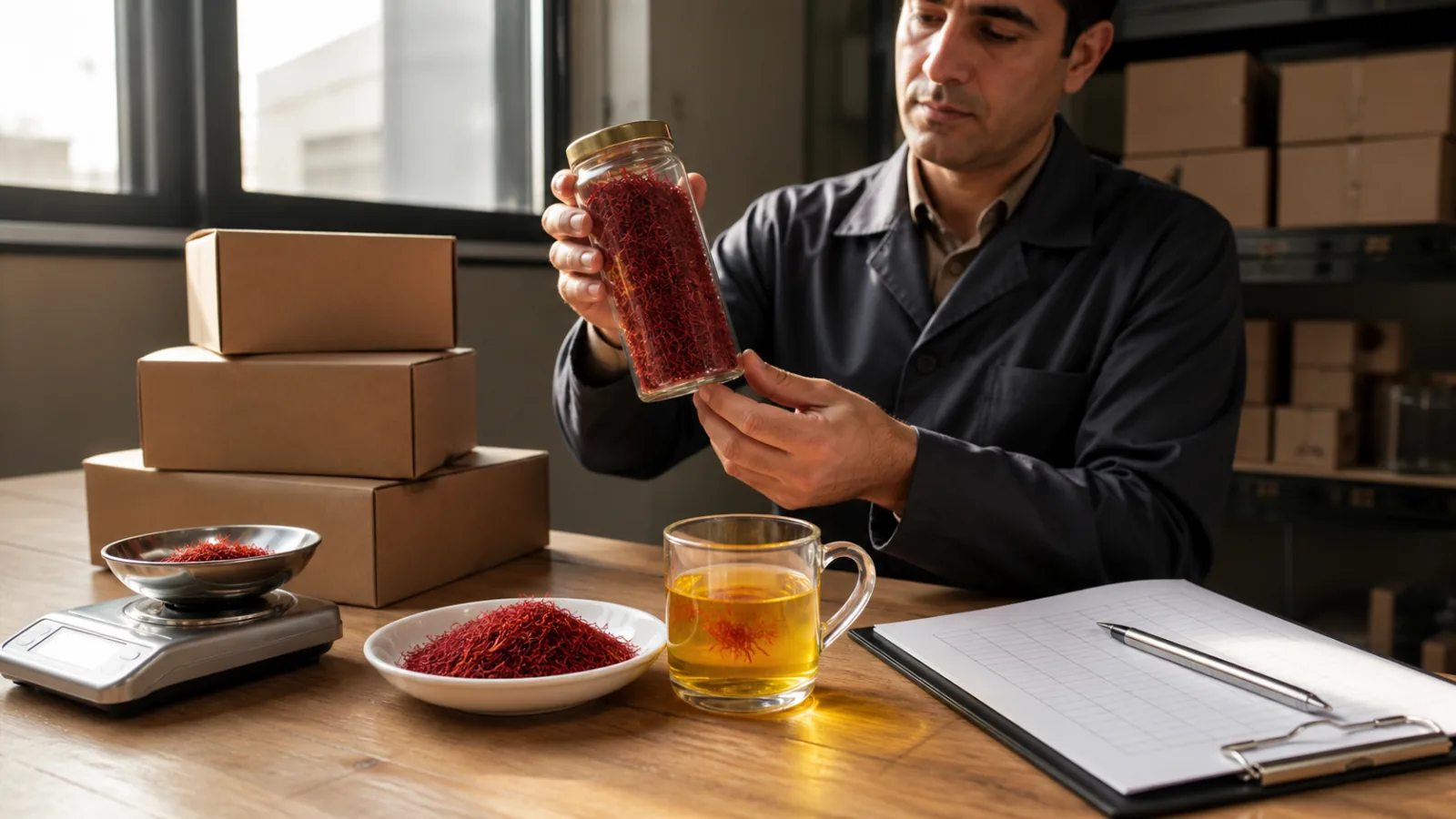 Quality professional checking red Persian saffron beside golden infusion