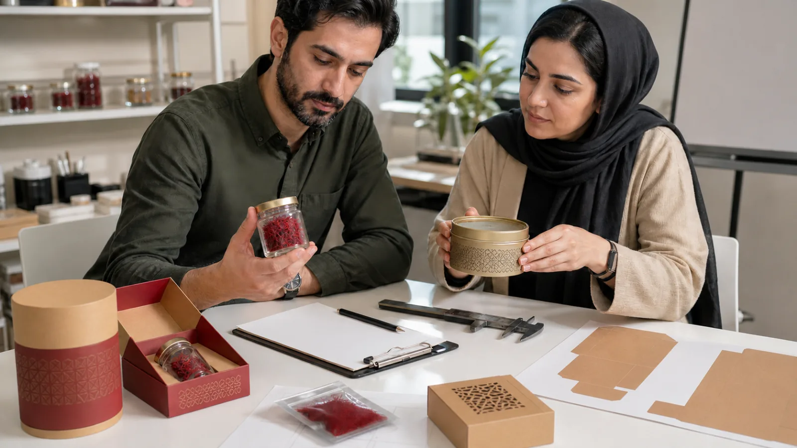 Designers reviewing protective packaging for an Iranian saffron souvenir