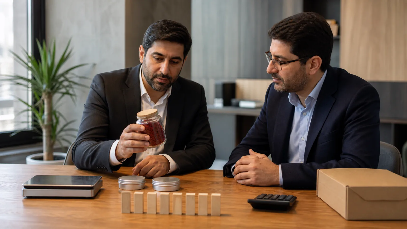 Saffron exporter and risk manager reviewing a physical lot