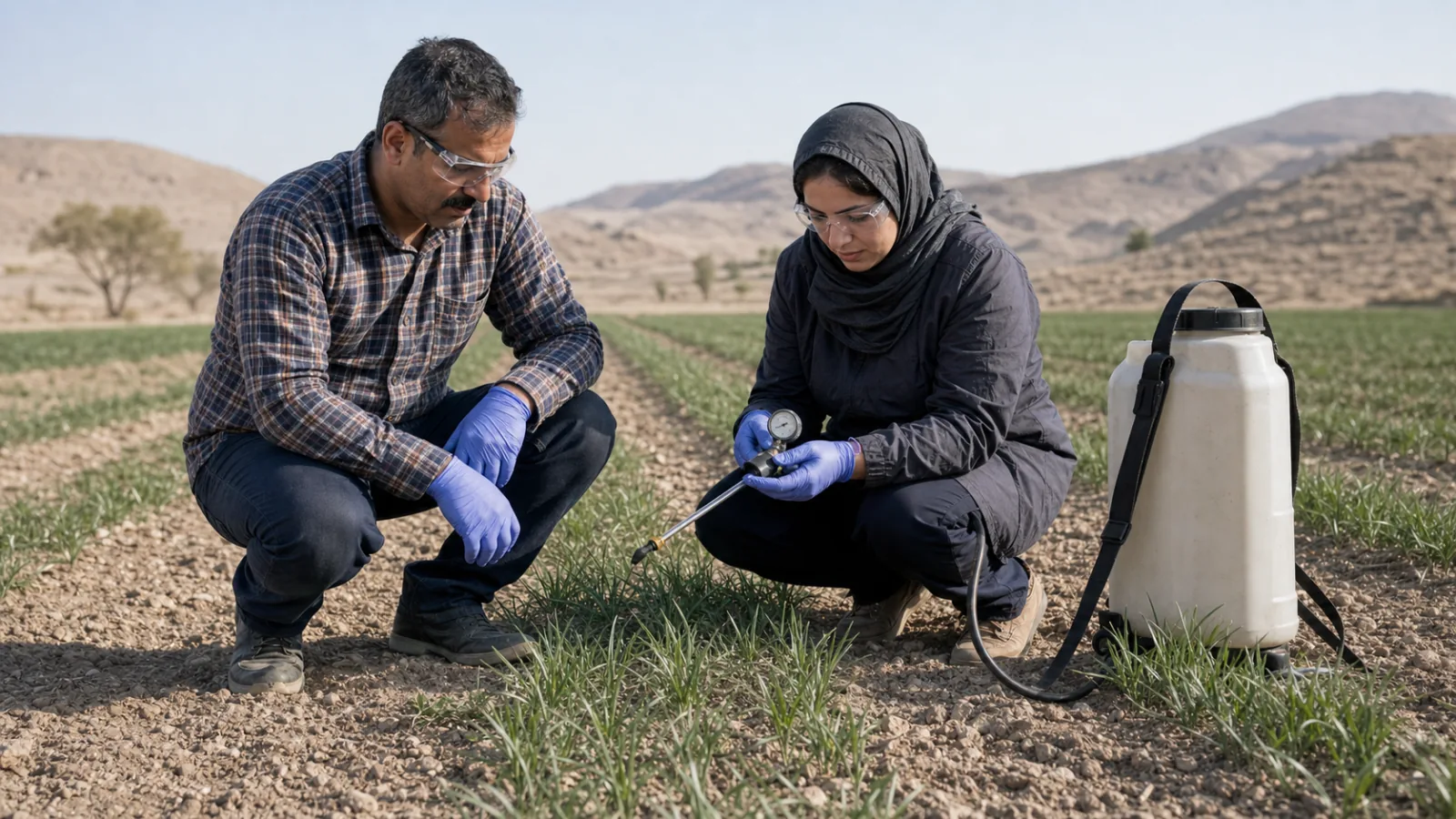 Agronomist and farmer checking saffron leaves and spray equipment in Darmian