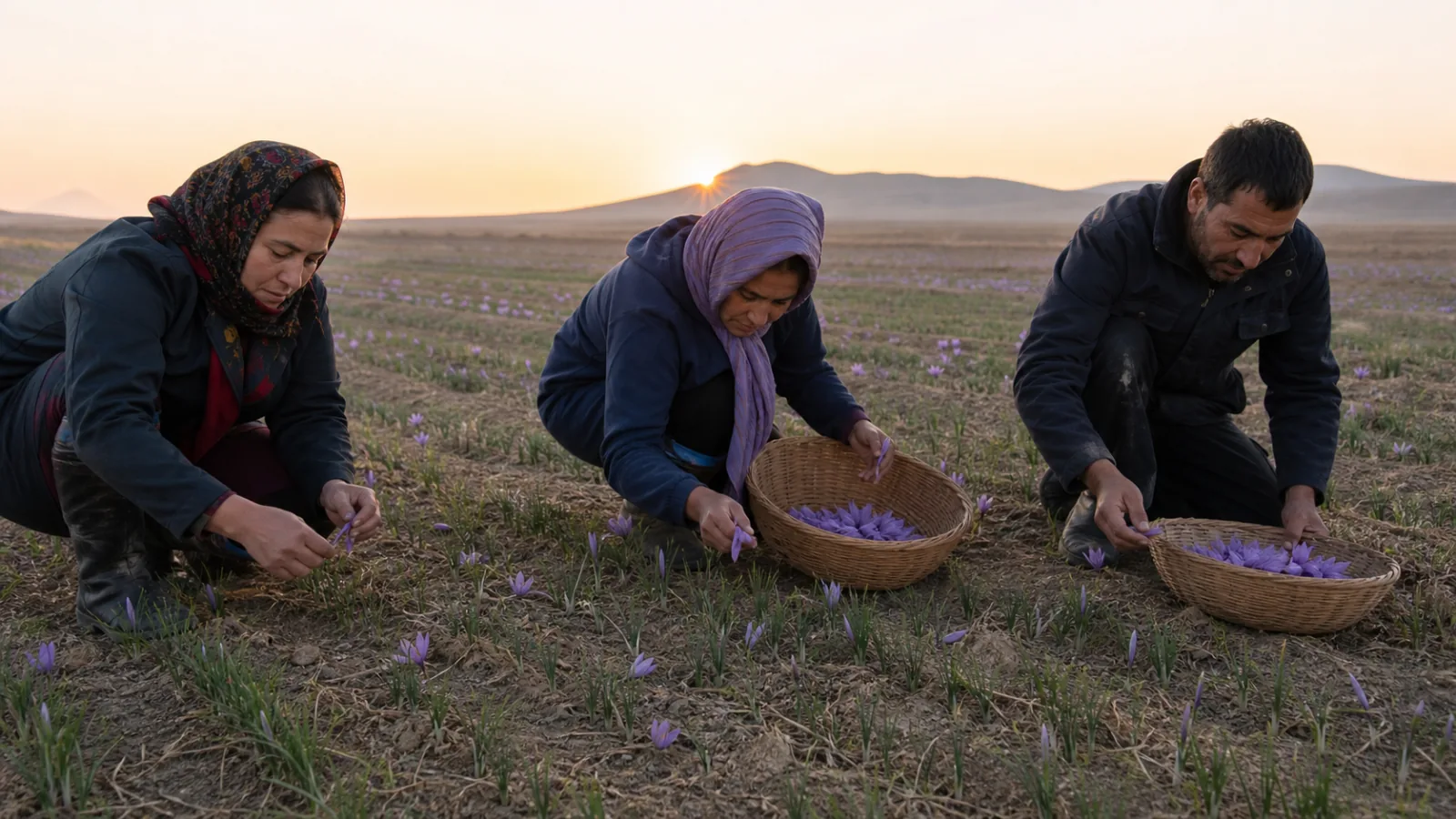 Three seasonal workers hand-picking saffron flowers in Khorasan at dawn