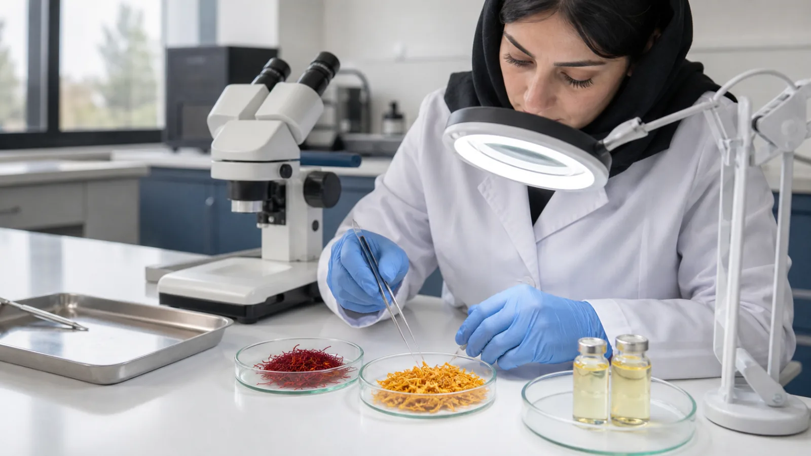 Food analyst comparing saffron threads, safflower florets and oil samples