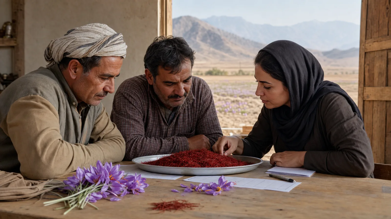 Iranian saffron growers and a quality specialist reviewing dried saffron