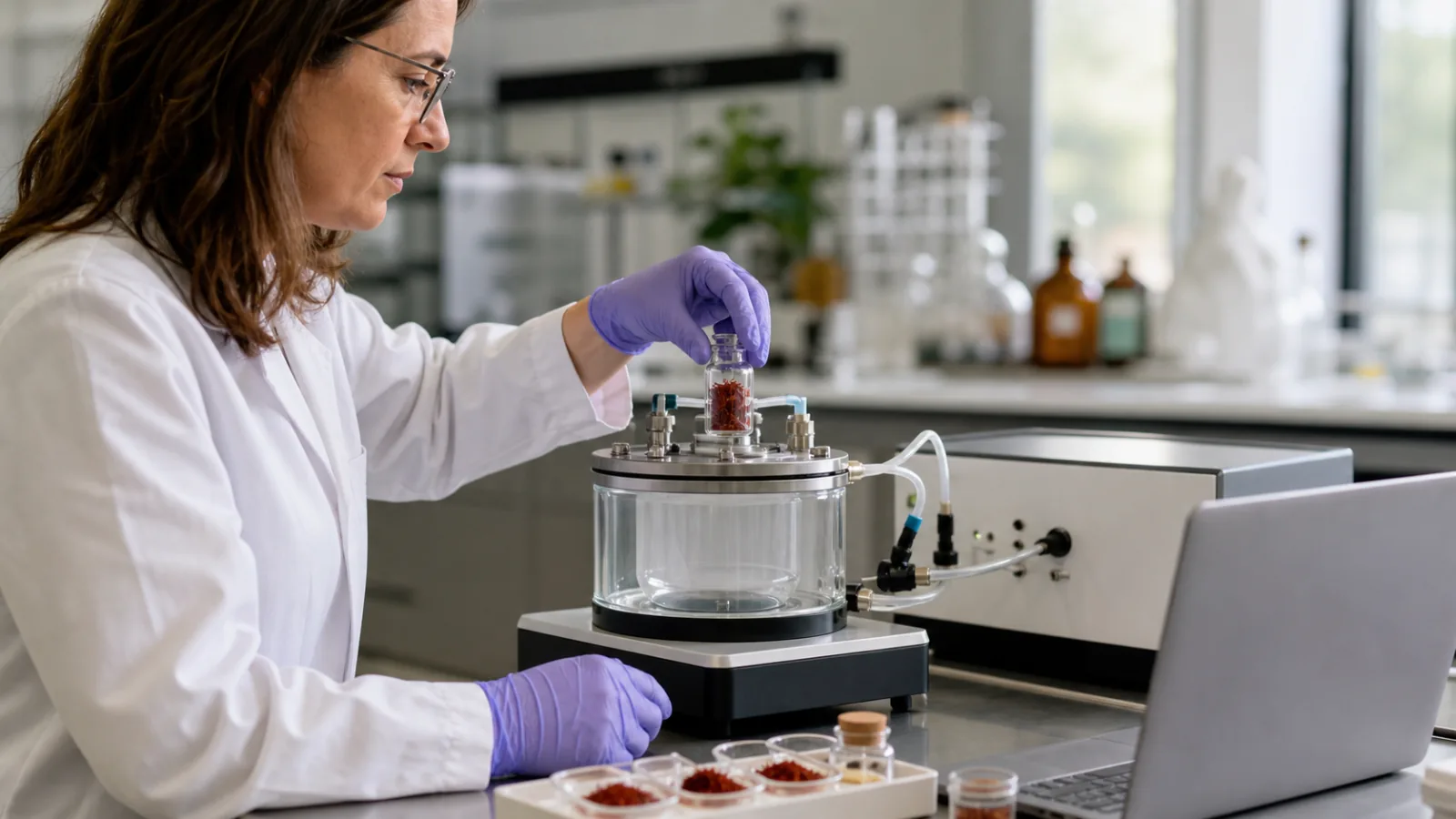 Laboratory specialist testing dried saffron with an electronic nose sensor