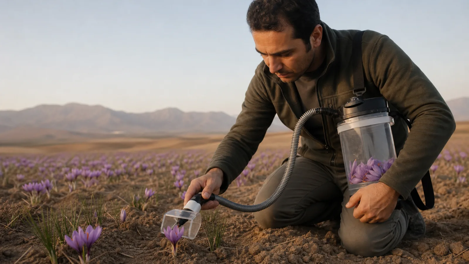 Engineer testing a lightweight saffron flower harvesting machine in a field