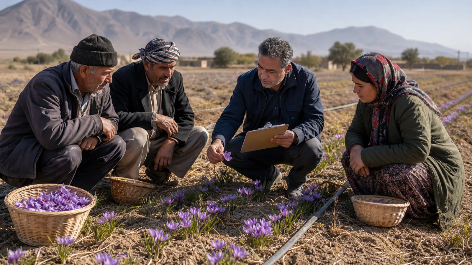 Saffron growers receiving practical field training near Golbaf in Kerman