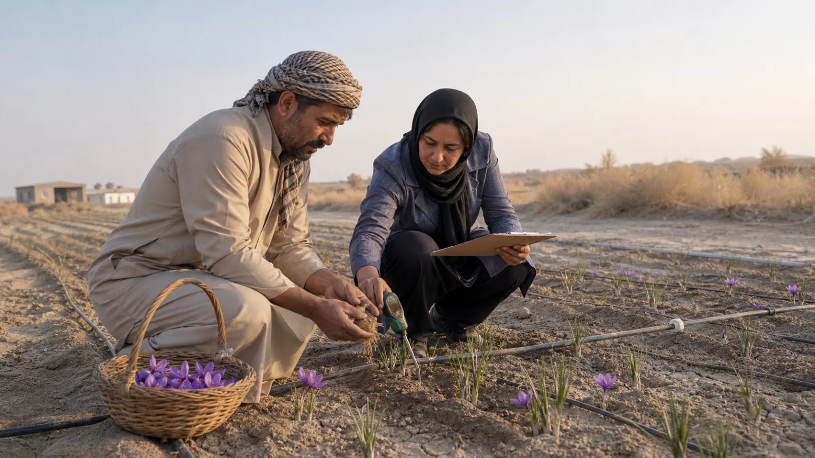Agronomist and farmer inspecting a saffron trial plot near Zabol