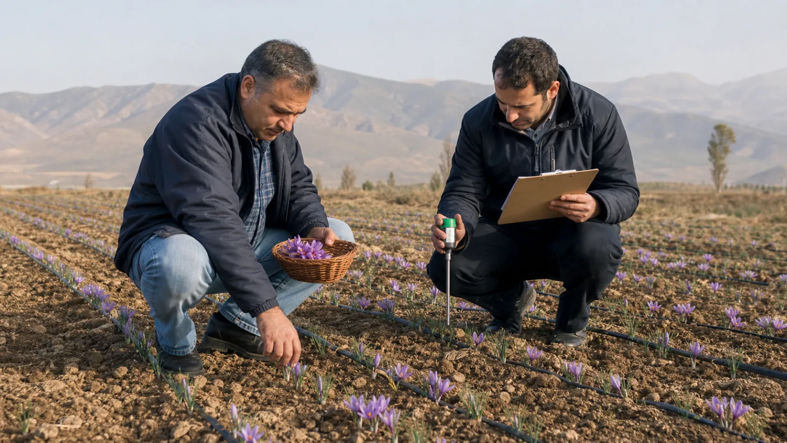 Grower and agronomist inspecting a saffron field in Nazarabad Alborz Province