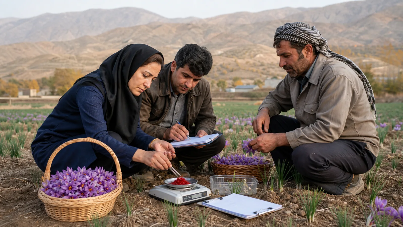Agricultural specialists measuring saffron yield in a Kermanshah field