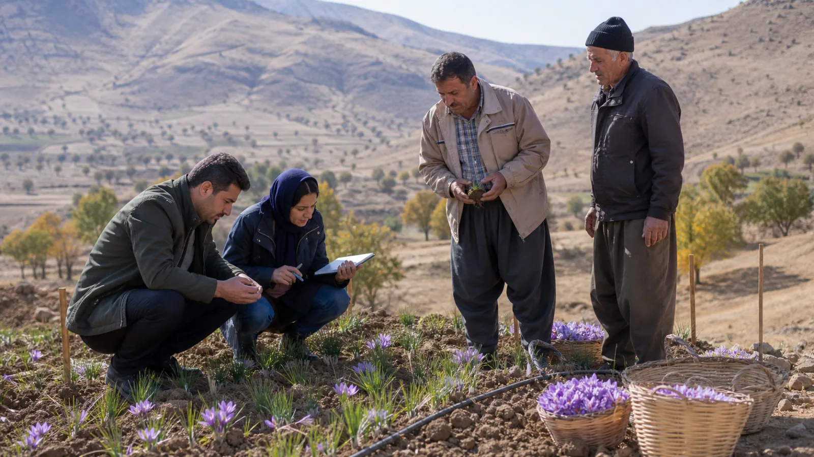 Agricultural team reviewing a saffron development plot in Lorestan Iran