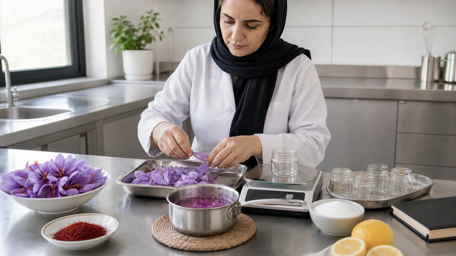 Food specialist preparing a test batch of saffron petal jam in Hamadan
