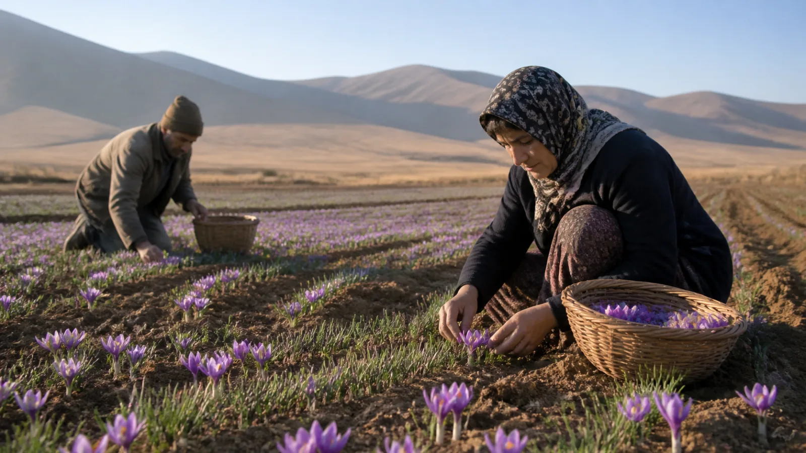 Saffron gardens in Ardabil Province with growers harvesting purple flowers