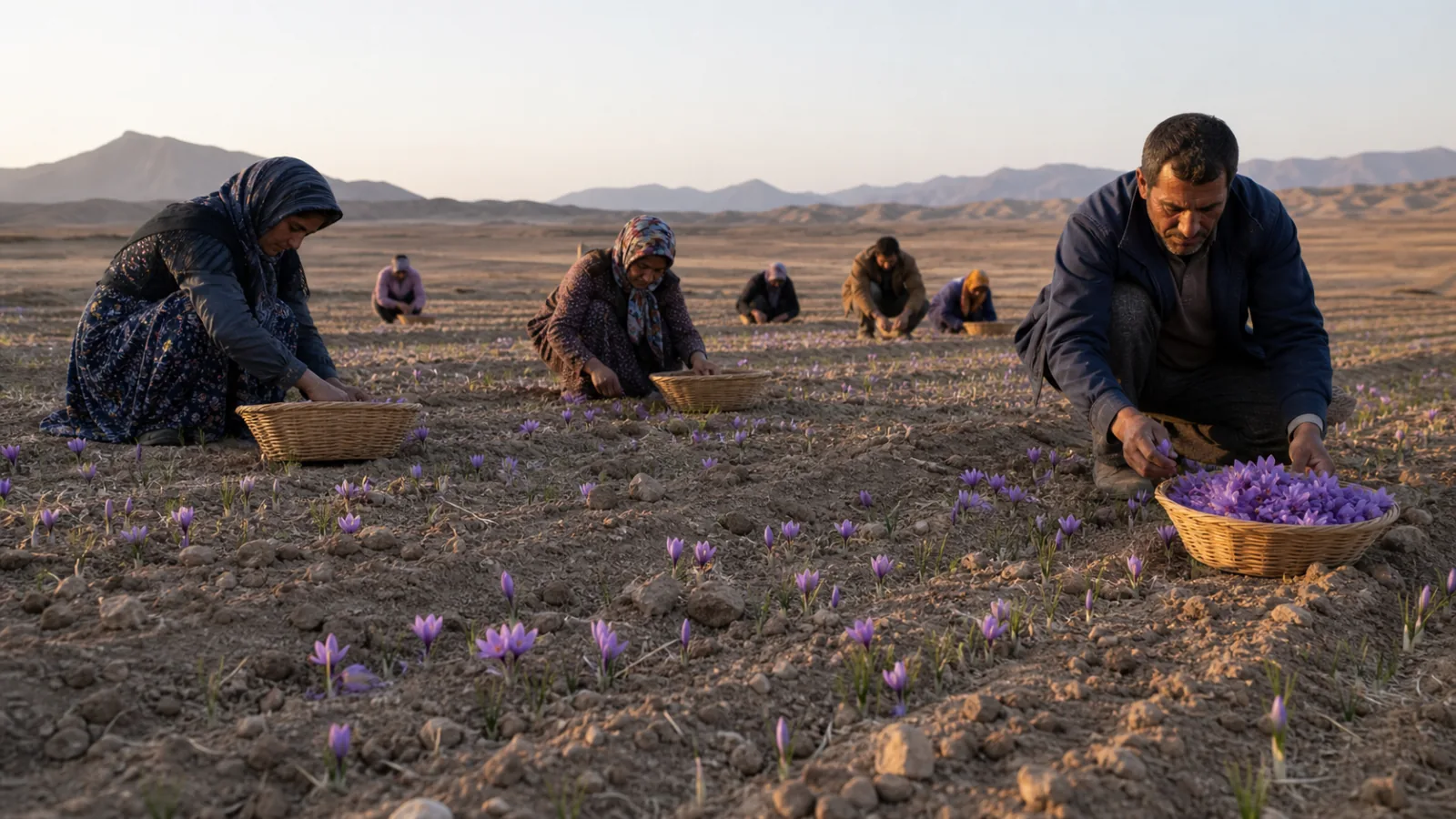 Saffron harvest in a dry Yazd Province field in Iran