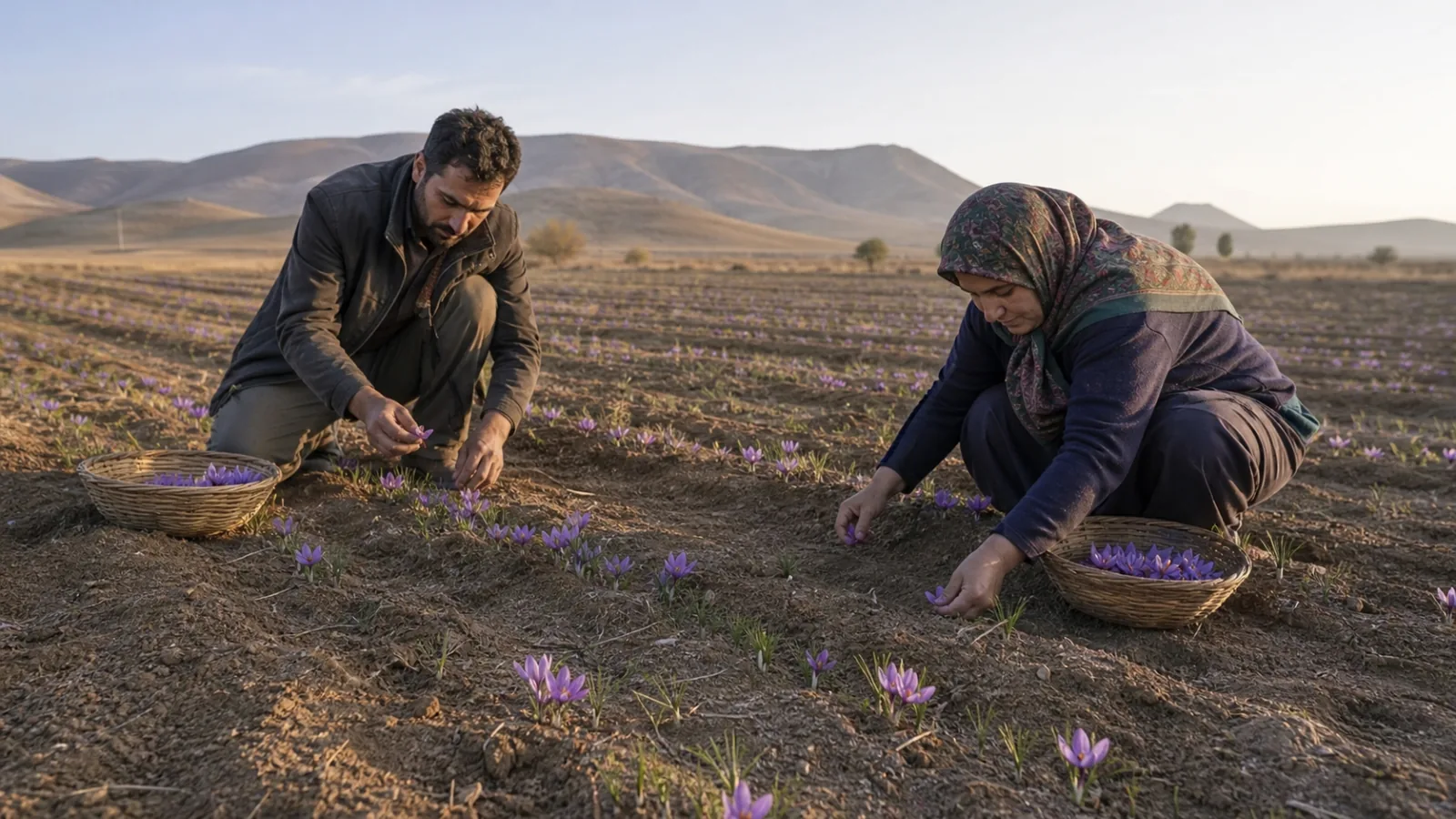 Growers harvesting a young saffron field in Zarandiyeh Iran