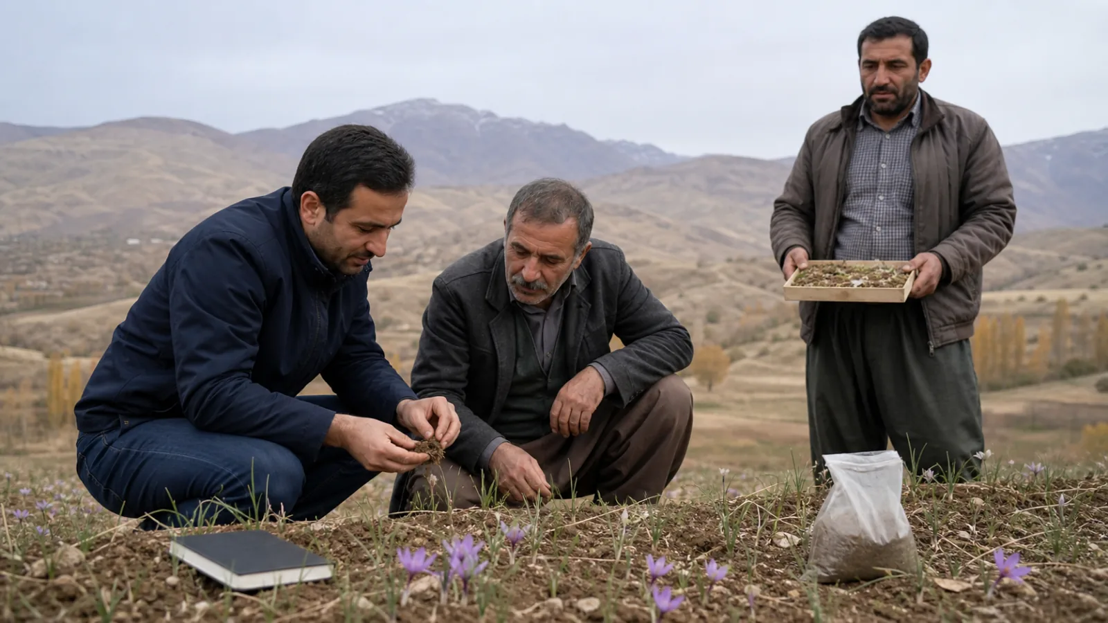 Farmers and an agricultural adviser examining saffron and herb crops in Sonqor