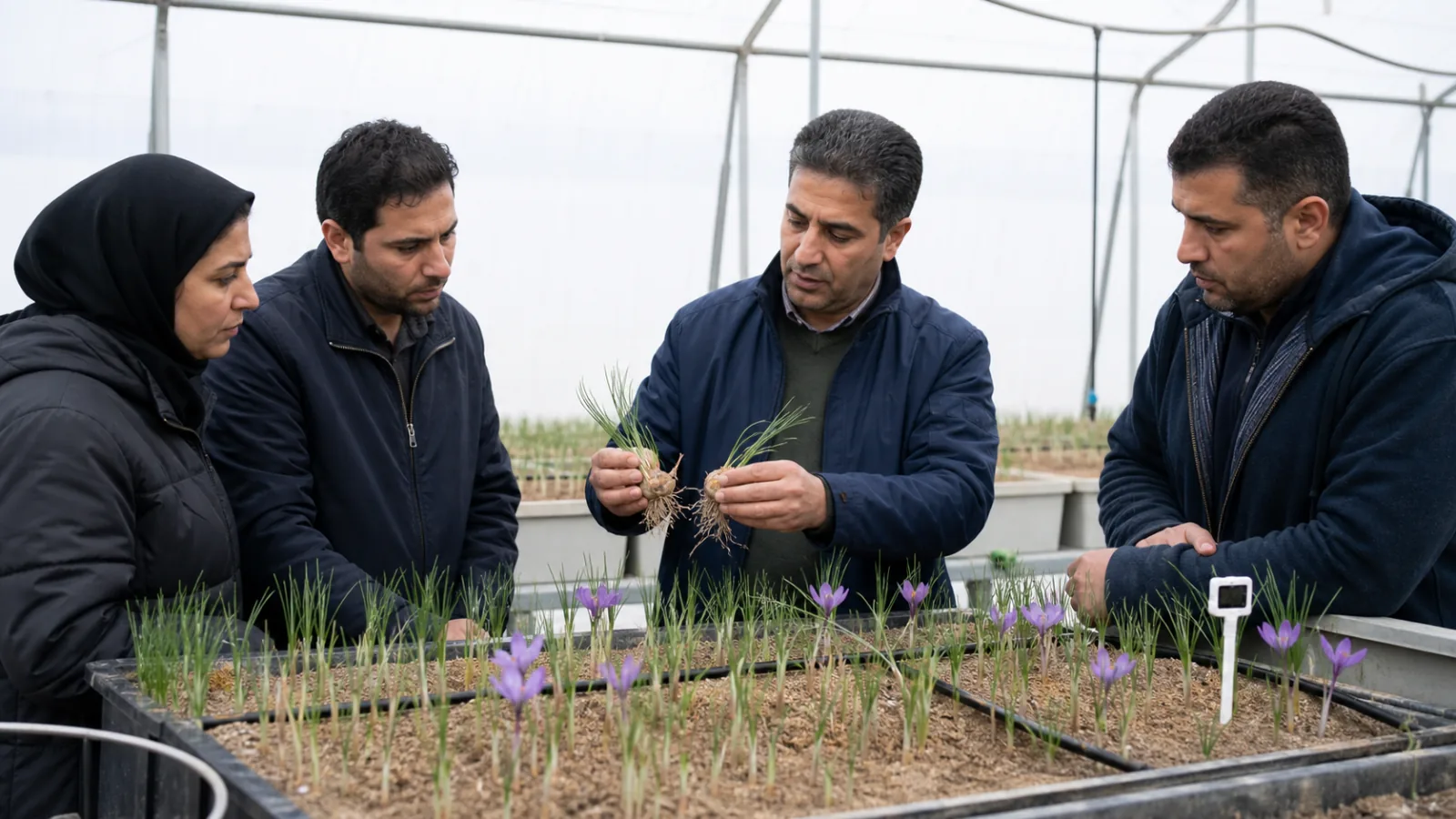 Saffron cultivation training inside a greenhouse in Maragheh Iran