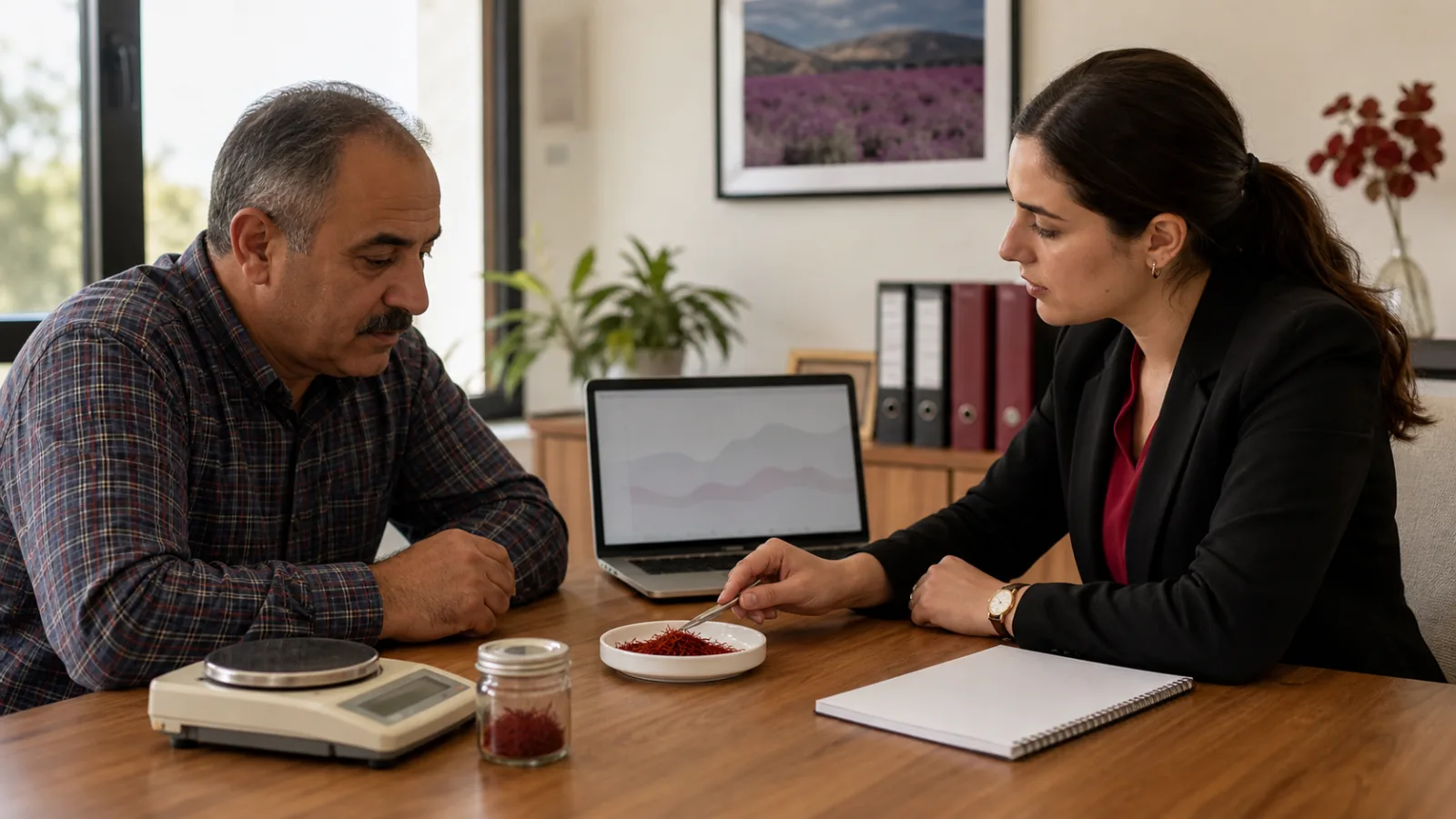 Saffron grower and market professional discussing option price risk