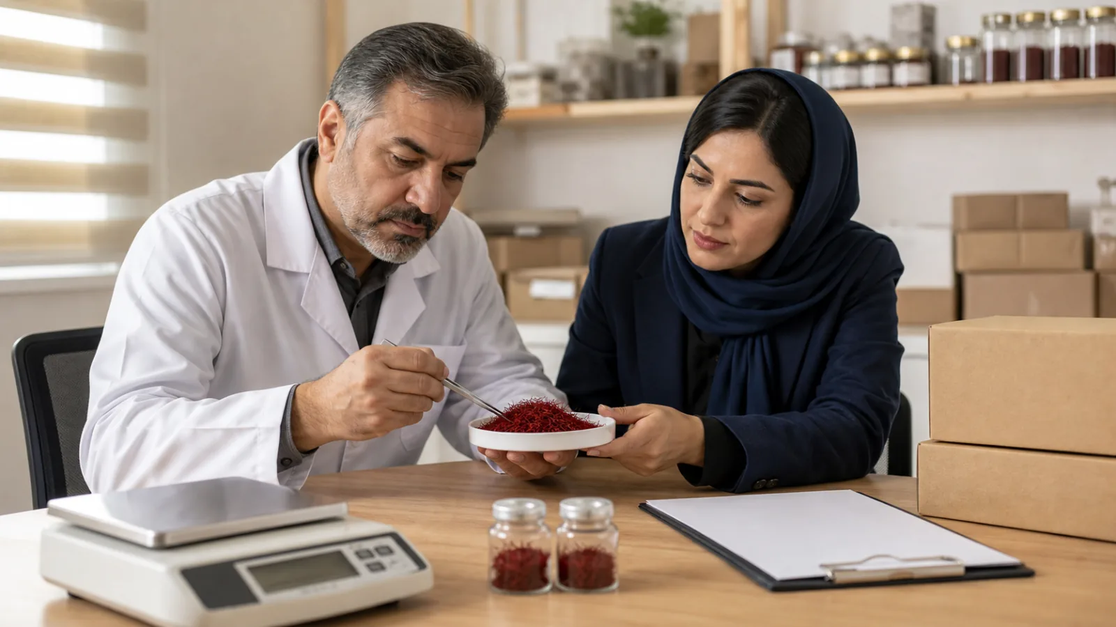 Khorasan Razavi saffron specialists preparing a quality-tested export lot