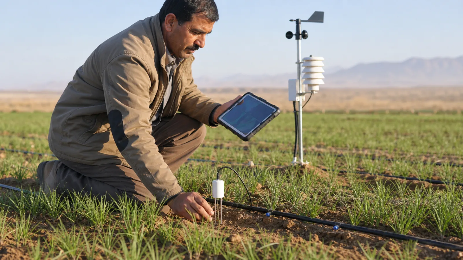 South Khorasan saffron grower checking drip irrigation and a soil moisture sensor