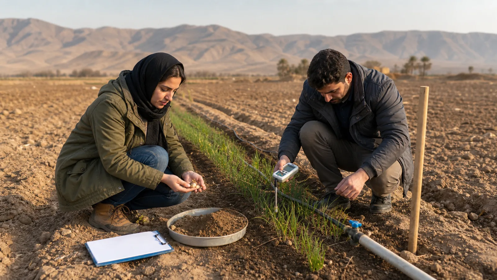 Agronomists assessing land and irrigation for saffron cultivation near Baft