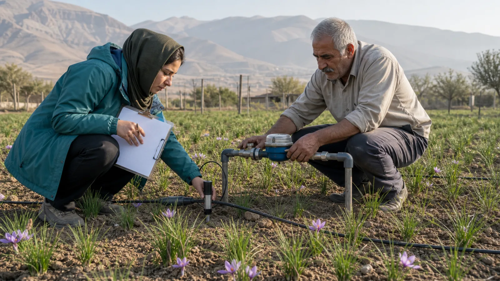 Alborz saffron grower and agronomist checking drip irrigation and a water meter