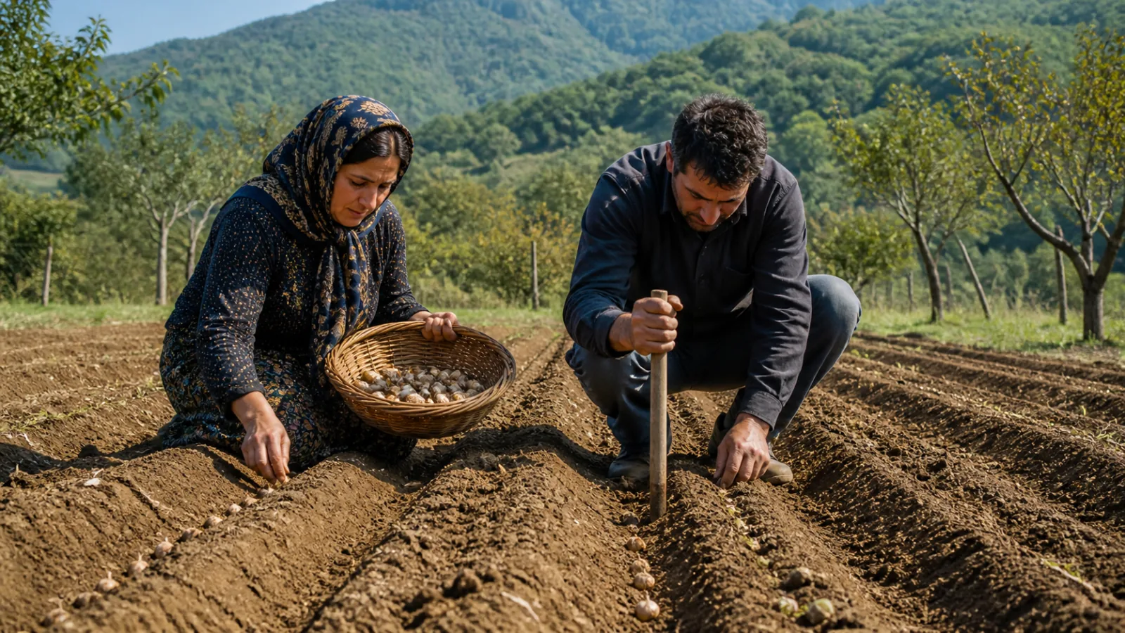 Growers planting saffron corms in an upland Galogah trial field