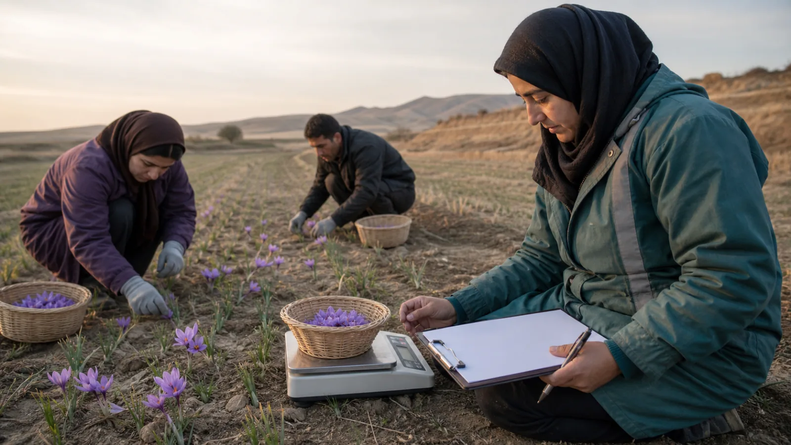 Bardaskan saffron workers harvesting flowers while a supervisor weighs a sample