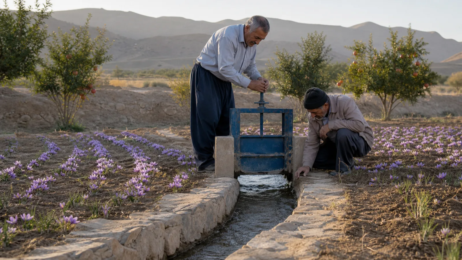 Farmers checking a qanat-fed irrigation outlet beside saffron rows in Baladeh
