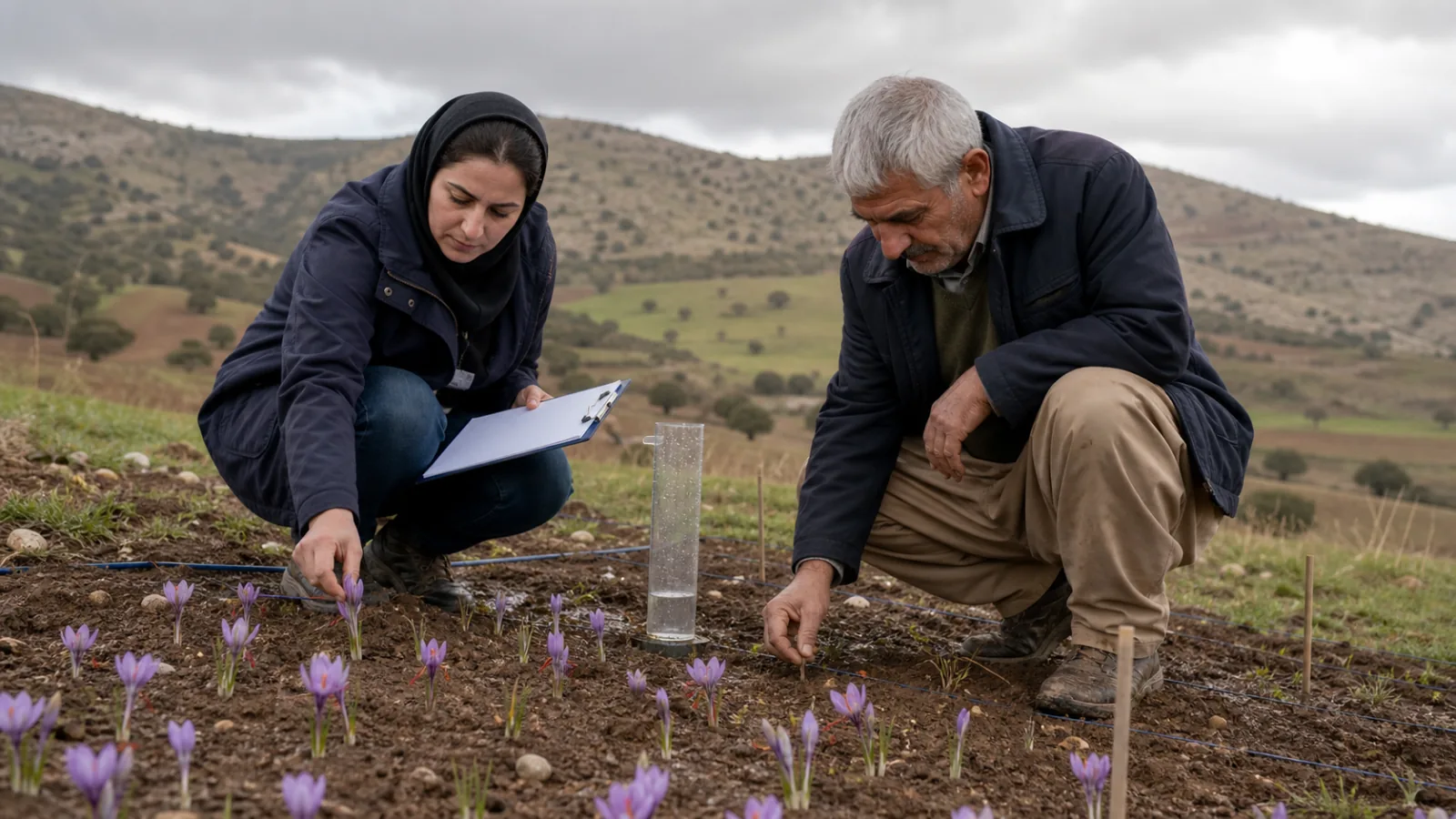Agronomist and farmer assessing a saffron trial plot after autumn rain in Lorestan